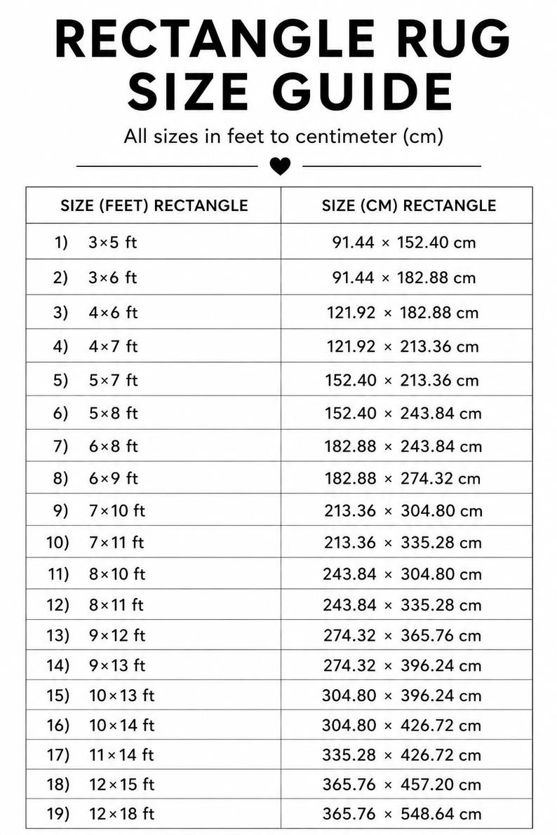 May include: A size guide for rectangular rugs, with sizes listed in feet and centimeters. The guide includes 19 different sizes, from 3x5 ft (91.44 x 152.40 cm) to 12x18 ft (365.76 x 548.64 cm). The text "RECTANGLE RUG SIZE GUIDE" is at the top.