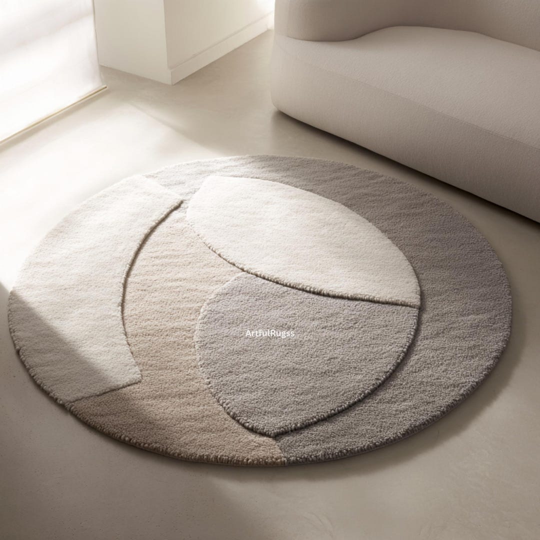 Handmade-tufted New Zealand Wool Round Rug | Abstract Beige, Gray ...