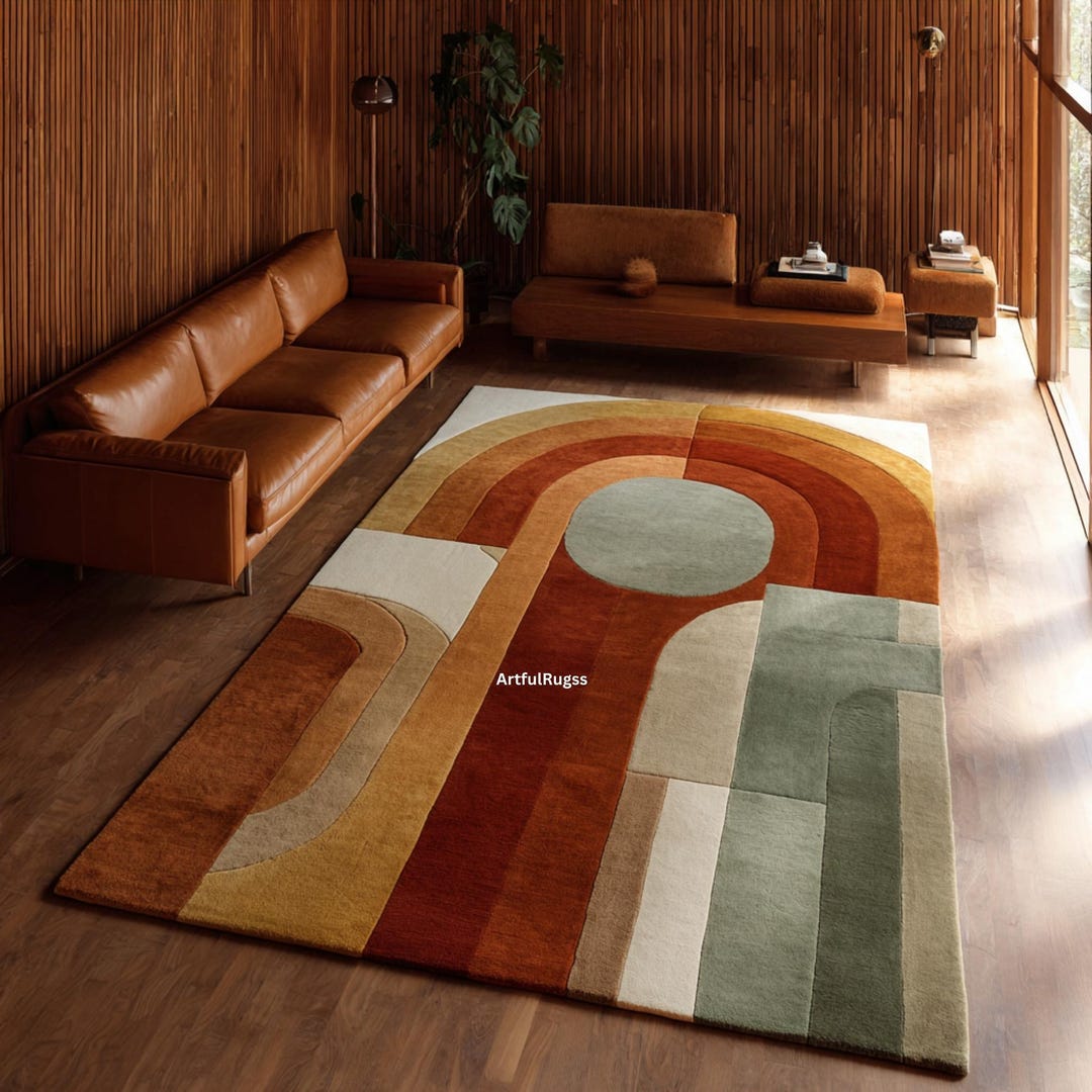 Retro Arch Area Rug | Mid Century Modern Wool Carpet | Earth Tone ...