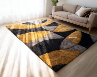 Mustard Yellow Geometric Area Rug | Hand Tufted Wool Rug, Modern Abstract Carpet | Handmade Living Room Rug