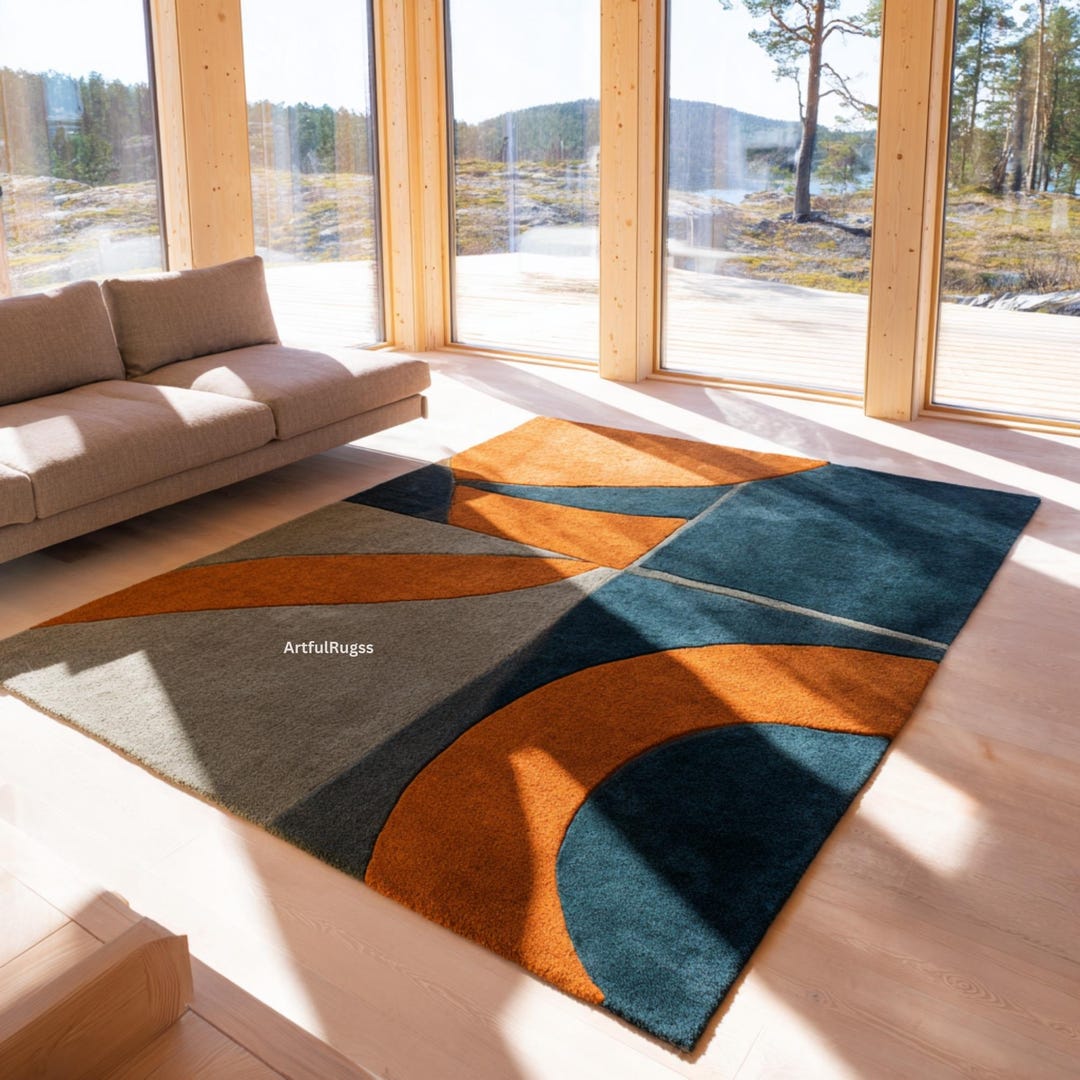 Blue Orange Geometric Wool Rug | Hand Tufted Abstract Contemporary ...