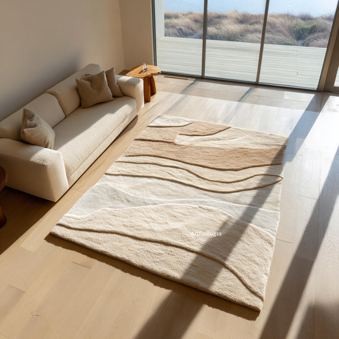 Hand-tufted New Zealand Wool Rug | Beige Wave, Modern Home Decor - Etsy