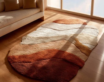 Organic Shape Rug | Terracotta Beige Abstract Wool Carpet | Wavy Handmade Decor