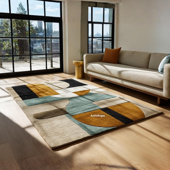 Modern Geometric Rug |  Hand Tufted Multicolor Brown, Blue, cream Carpet | Abstract Sculpted Carpet for Living Room Home Decor