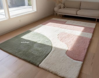 Blush Pink & Sage Green Geometric Rug | Hand Tufted Wool Carpet