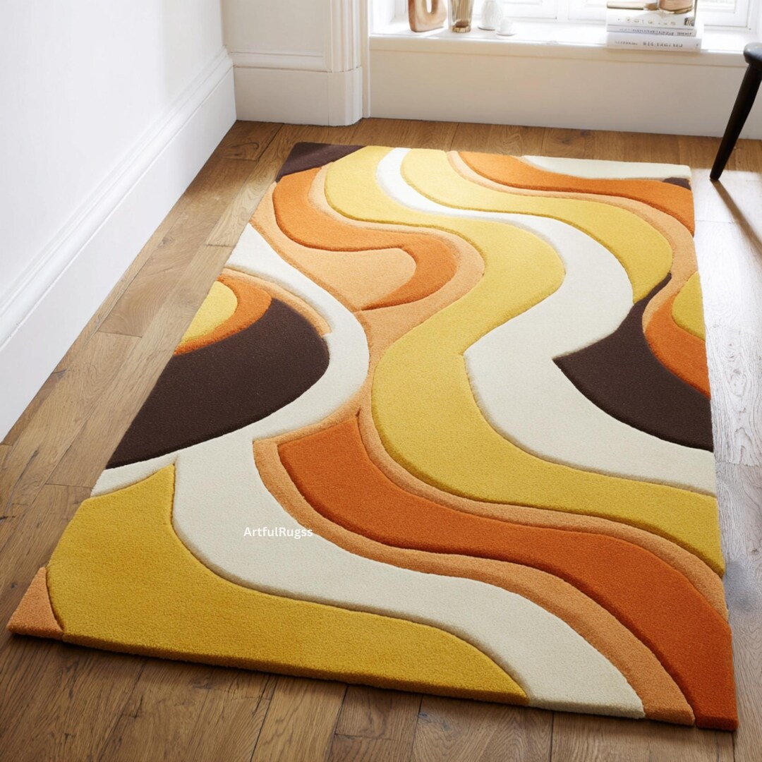 Hand-tufted Retro Wave Rug, Orange Yellow Brown, 70s Decor - Etsy