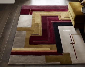 Geometric Modern Rug | Burgundy Gold, Black & Cream Abstract | Luxury Contemporary Living Room Decor
