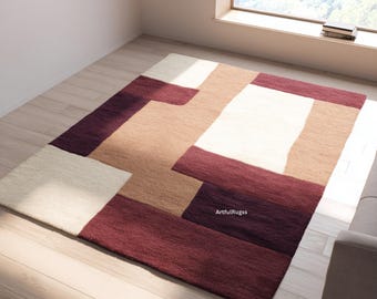 Burgundy Beige Geometric Rug | Handmade Wool Modern Carpet | Minimalist Abstract Living Room Decor