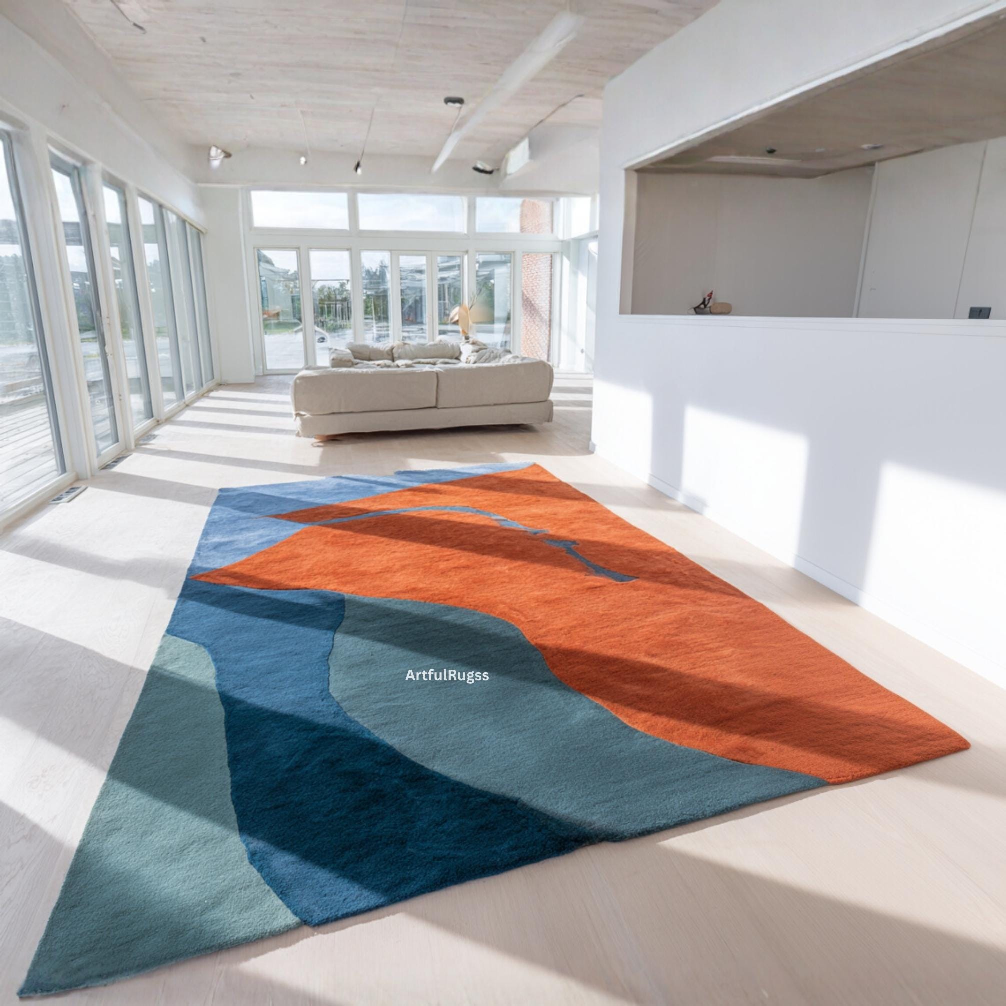 Blue & Orange Abstract Rug | Hand Tufted Wool Modern Carpet | Bold ...