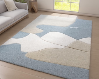 Blue Beige Abstract Area Rug, Modern Wavy Geometric Design For Modern home decor