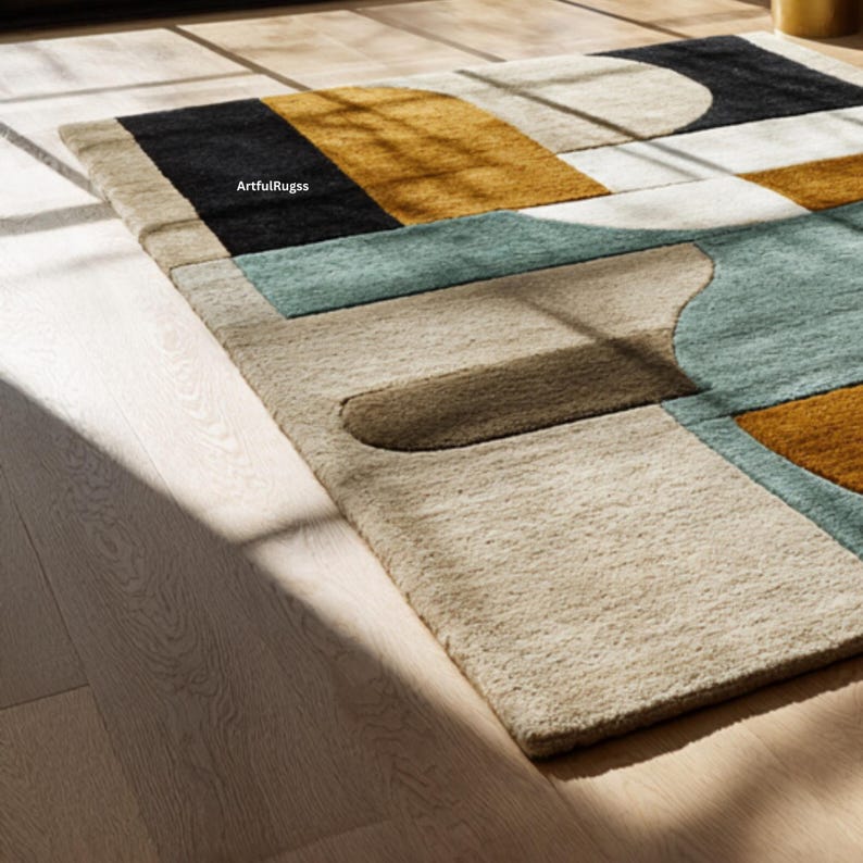 May include: A geometric area rug with a modern design. The rug features a beige background with sections of black, gold, teal, and brown. The rug is rectangular and has a soft, textured appearance. The rug is placed on a light-colored wooden floor.
