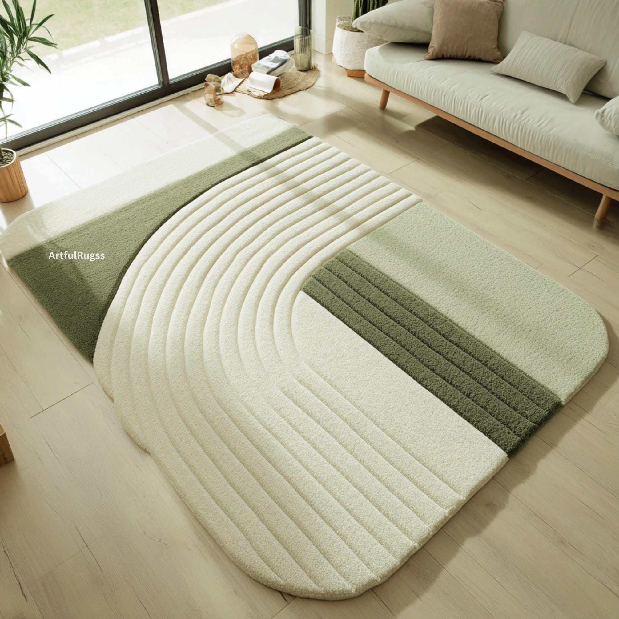 Sage Green Cream Curved Line Rug | Minimalist Textured Carpet | Hand ...