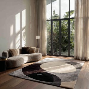 Modern Abstract Circle Pattern Rug | Neutral Geometric Minimalist Living Room Decor