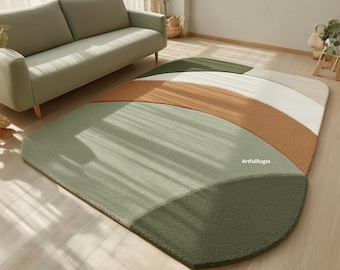 Sage Green Wool Rug | Modern Geometric Terracotta & Cream Carpet