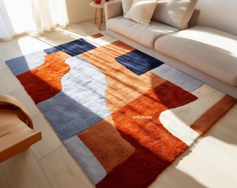 Alfombra de lana abstracta moderna / Decoración contemporánea hecha a mano para sala de estar / Alfombra geométrica naranja, azul y beige /