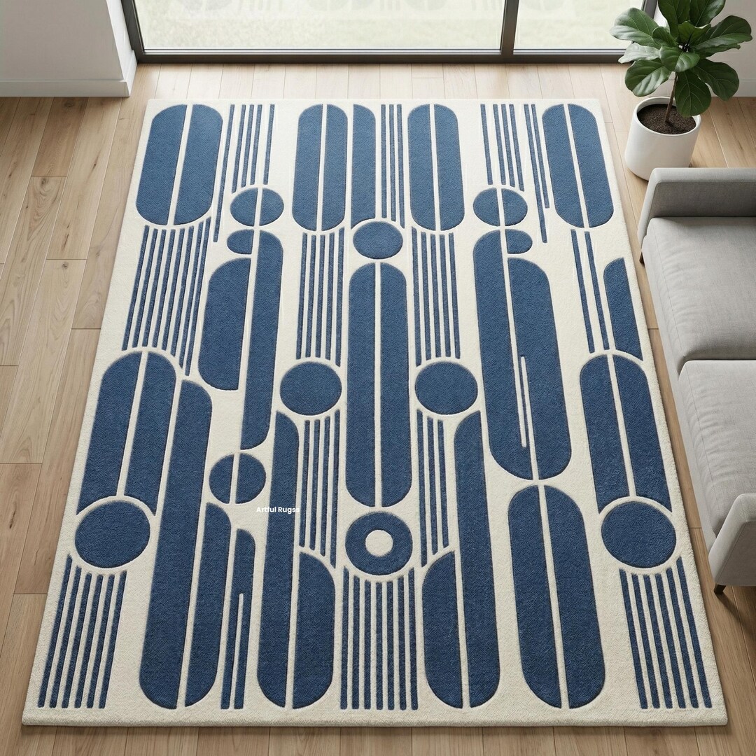 Modern Blue Geometric Rug, Handmade Tufted Wool Carpet - Etsy