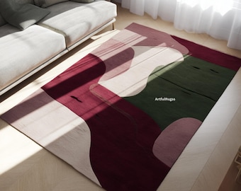 Burgundy, Light Green Abstract Rug | Modern Area Wool Carpet | Living Room Decor