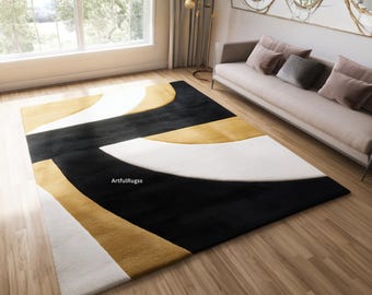 Black, White & Gold Modern Rug | Handmade Wool Abstract Carpet, Living Room Decor