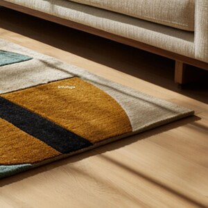 May include: Geometric patterned rug with a color block design. The rug features a mustard yellow, black, teal, and beige color scheme. The rug is placed on a hardwood floor, with a portion of a beige sofa visible in the background.