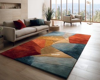 Mid Century Wavy Abstract Rug | Colorful Red, Blue, Orange Geometric Carpet