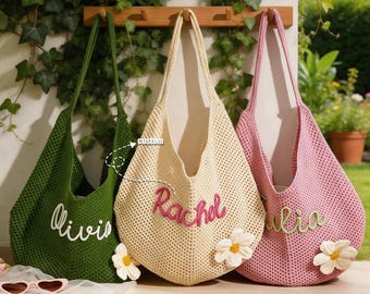Benutzerdefinierte Name häkeln Mesh Einkaufstasche | Personalisierte Handmade Knit Umhängetasche | Brautjungfer Geschenk, Sommer Strandtasche