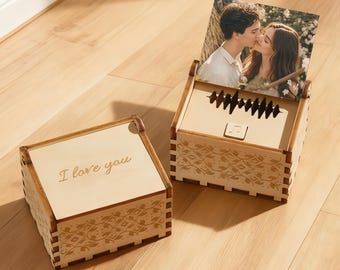 Personalized Wooden Photo Music Box - Custom Song/Tune/Voice, Engraved Text Design, Anniversary Gift for Couples/Spouses/Family