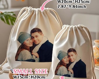 Bolsa de lona con cordón y foto personalizada: diseño personalizado para familia o pareja, organizador de viaje y bolso de mano diario, regalo de aniversario para parejas o parejas.