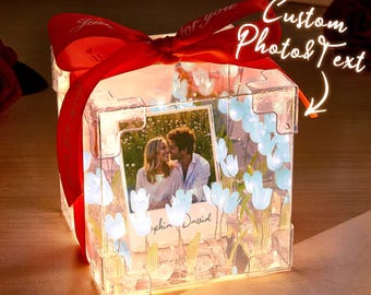 Custom Photo Tulip Infinity Mirror Box - DIY Kit with Your Picture & Text, Romantic Valentine’s Day Gift for Lovers/Couples, Home Decor