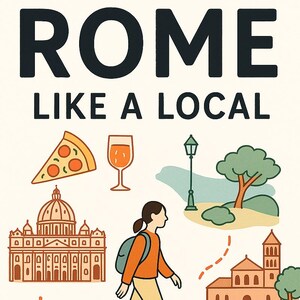 Op de afbeelding: Boekomslagillustratie voor "Rome Like a Local", met als thema wandeltochten. De afbeelding toont een persoon die loopt, omringd door illustraties van Romeinse bezienswaardigheden, eten en de tekst "3 Walking Tour to Experience".
