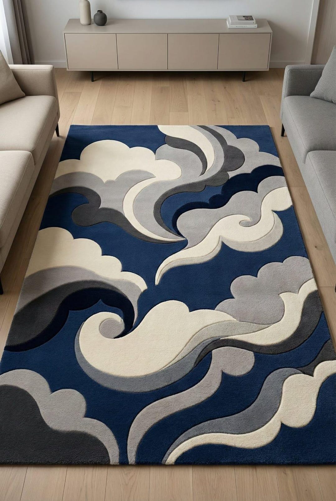 Hand-tufted Cloud Wave Blue Area Rug Soft Handmade Carpet Contemporary ...