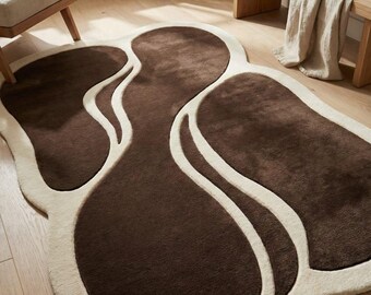 Handgemaakt abstract vloerkleed | Bruin en crème gebeeldhouwd wollen tapijt