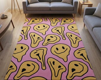 Handmade Tufted Smiley Face Rug, Pink & Yellow Groovy Decor