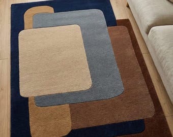 Modern Geometric Rug: Neutral, Navy, Overlapping Rectangles