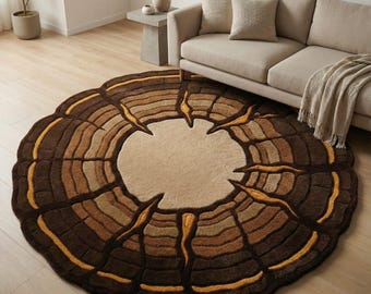 Handmade Brown Round Rug | Sculpted Cut Pile, Organic Modern Design