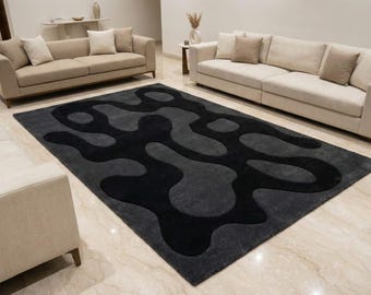Handmade Abstract Wave Rug Modern Black Area Carpet For Home Decor & Living Room Rug