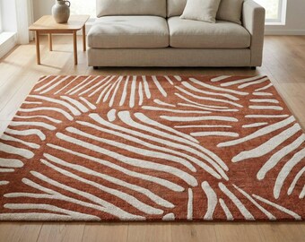 Terracotta Abstract Rug: Hand-Tufted Area Carpet Boho Contemporary Living Room Rug