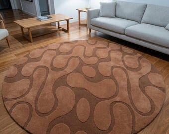 Handmade Brown Round Rug, Abstract Tufted Carpet, Modern Home Decor