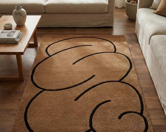 Handmade Rug, Black Line Art, Soft Cut Pile Area Carpet Custom Rug