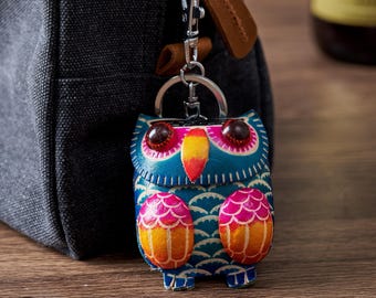 Llavero de búho hecho a mano en cuero, lindo llavero de búho, llavero de animal colorido, regalo para ella, adorno personalizado para bolso