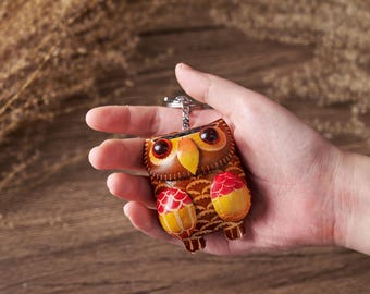 Llavero de búho hecho a mano en cuero, lindo llavero de búho, llavero de animal colorido, regalo para ella, adorno personalizado para bolso