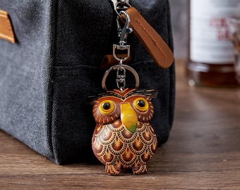 Llavero de búho de cuero, dije de animal para bolso hecho a mano, llavero de aniversario, accesorio para bolso, llavero único, llavero minimalista, envío rápido.