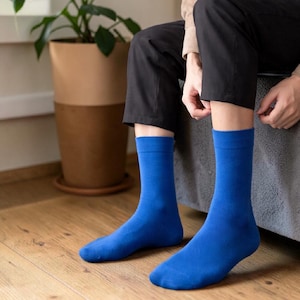 May include: A pair of solid blue socks. The socks are a vibrant shade of blue and appear to be made of a soft material. The socks are worn with black pants. A potted plant is in the background.