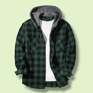 Men's Plaid Hooded Flannel Shirts, Casual Button Down Long Sleeve Jackets, Checkered Shirt with Pockets, Multi Color Streetwear Mens Shirts Green