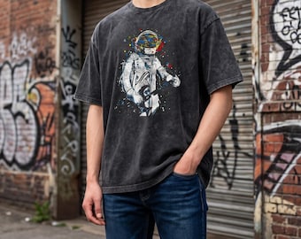 Vintage Washed Cotton Space Graphic Tee, Oversized Unisex Streetwear Top