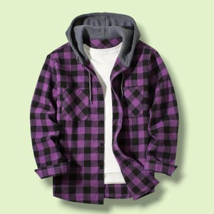May include: A long-sleeve button-up shirt featuring a purple and black buffalo plaid pattern. The shirt includes a gray attached hood with matching drawstrings and two chest pockets. A plain white undershirt is visible beneath the open front.