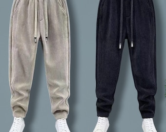 Pantalon de jogging en velours côtelé pour homme, Pantalon d'hiver en polaire chaud, Pantalon de jogging à taille élastique, Bas ample streetwear de coupe décontractée, Sarouel décontracté