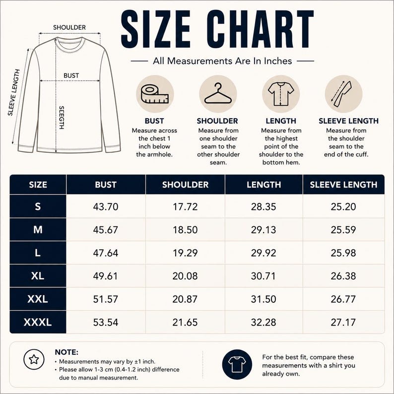 May include: A size chart for a long-sleeve shirt with a line drawing of the garment and icons illustrating how to measure bust, shoulder, length, and sleeve length. A table lists sizes S through XXXL with corresponding measurements in inches.