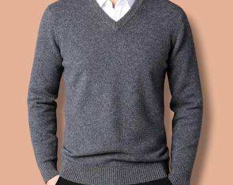 Men's V-Neck Cashmere Knit Sweater, Streetwear Pullover Jumpers, Soft Autumn Winter Casual Workwear, Solid Color Warm Knitwear, Gift For Him