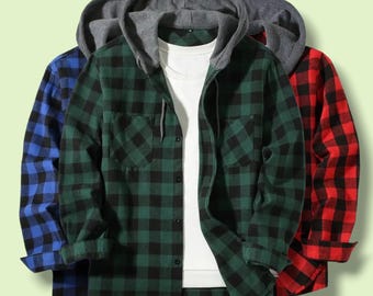 Men's Plaid Hooded Flannel Shirts, Casual Button Down Long Sleeve Jackets, Checkered Shirt with Pockets, Multi Color Streetwear Mens Shirts