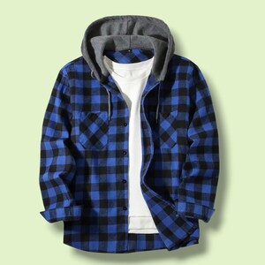 Men's Plaid Hooded Flannel Shirts, Casual Button Down Long Sleeve Jackets, Checkered Shirt with Pockets, Multi Color Streetwear Mens Shirts Blue